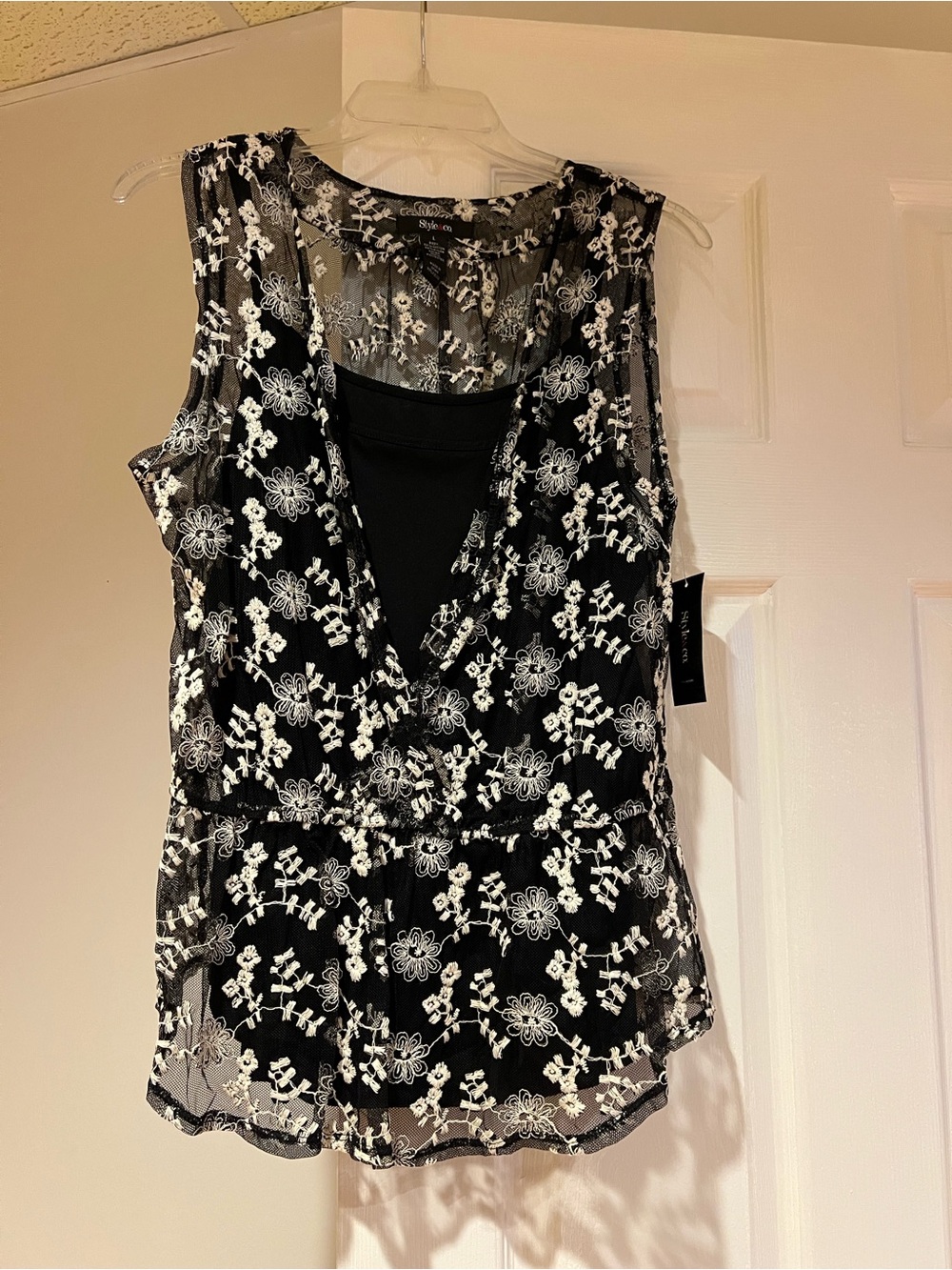 Style & Co. Black Sheer Floral Lace Sleeveless Blouse with Black Tank